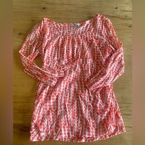 Amber‎ Sun Long Sleeve Empire Line Tunic Top Orange White Women’s Large Preloved